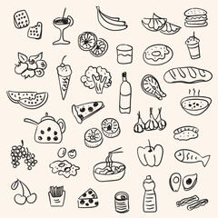 Hand drawn food doodles illustration set. Sketch style delivery cafe and restaurant icons. Set vector illustration doodles of food, drink, dessert, beverage for invitations, menus and parties. 
