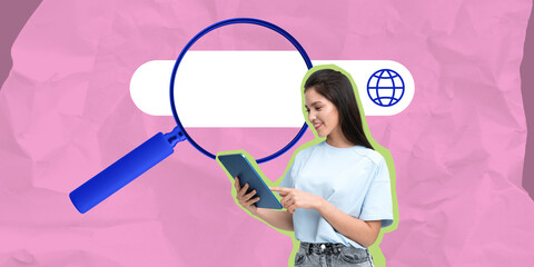 Fototapeta premium Woman interacting with a tablet near a magnifying glass and sear