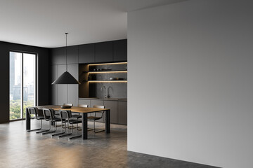 Minimalist modern kitchen interior with blank wall for poster or artwork display. 3D Rendering