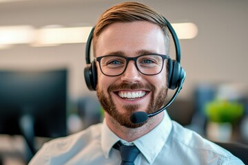 A smiling man with glasses and a headset, representing a friendly customer service representative in a modern office setting.