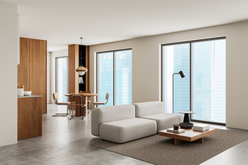 Modern interior design with wooden accents and a minimalist aesthetic. 3D Rendering