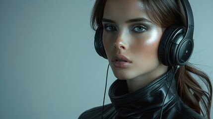 Young caucasian female listening with headphones in stylish leather outfit