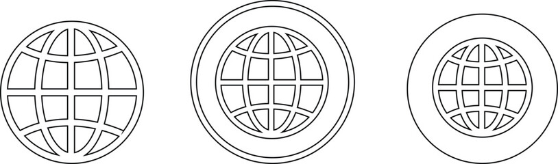 World globe icon set. Vector Earth global country map planet line icons Travel internet globe, hemispheres with continents, globes with world maps, network, sphere isolated on transparent background,