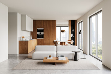 Modern minimalist kitchen and living room with wooden accents and large windows. 3D Rendering