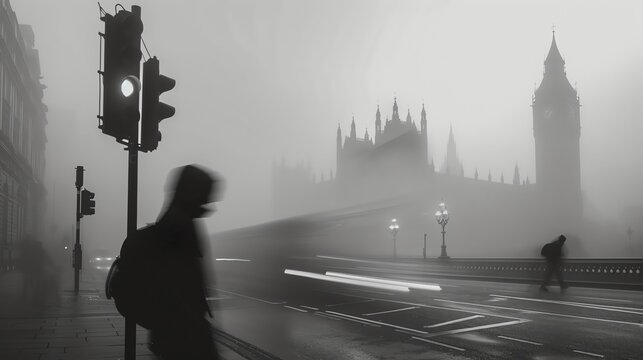 A black and white photo of a person walking across a bridge in London with the Houses of Parliament and Big Ben in the background.