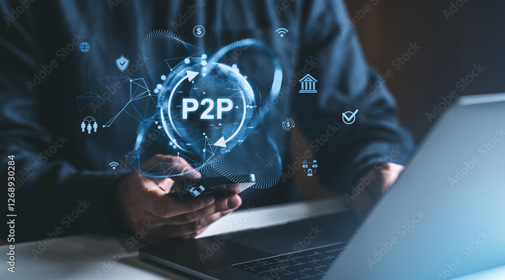Poster secure p2p payment technology with holographic digital interface.