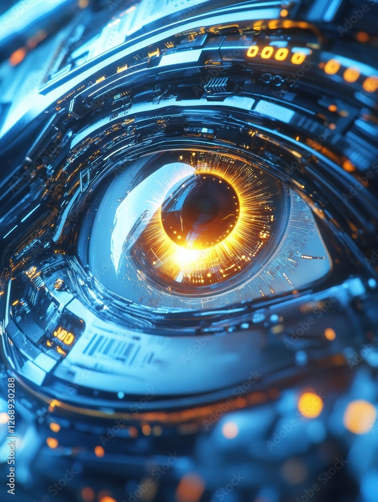 Leinwandbilder close up view of a glowing robotic eye surrounded by intricate circuits in a futuristic setting. gen