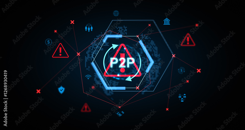 Poster digital p2p payment security warning concept with holographic interface. 3d rendering