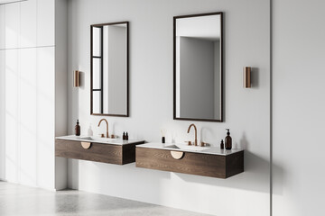 Modern bathroom interior with double sinks and wooden vanities. 3D Rendering