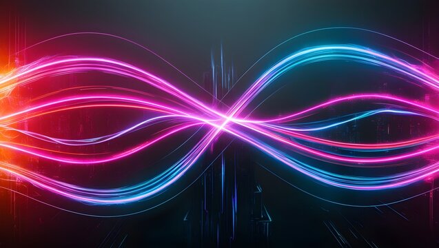 "Futuristic Neon Light Trails in a Cyber Cityscape: Glowing Blue, Pink, and Orange Waves in a Digital Metropolis"