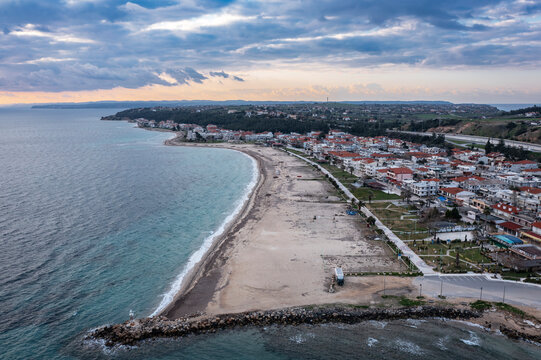 Aerial view at Nea Potidea canal, which connects Toroneos Bay with the Gulf of Thermaikos. Greece, Kassandra, Halkidiki