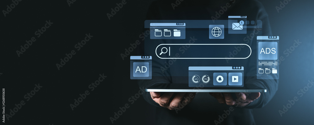 Poster digital search engine interface concept displayed on a futuristic screen.