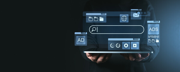 Digital search engine interface concept displayed on a futuristic screen.