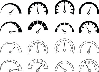 Speedometer, tachometer icon set. Speed indicator sign. Internet car speed. Performance concepts. Speedometer . Fast speed sign. Flat simple icons, gauges from low to high. Minimum to Maximum.