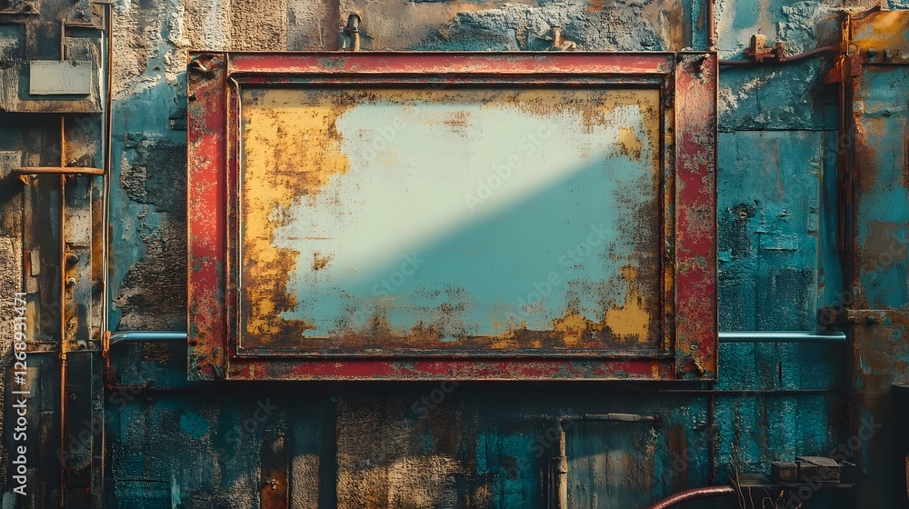 Poster Decaying metallic surface with peeling paint rust and oxidation in a dilapidated abandoned industrial interior or exterior setting  Grungy weathered and moody textural background with vintage retro