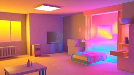 Neon Dreamscape: A Low-Poly Bedroom in Vibrant Hues