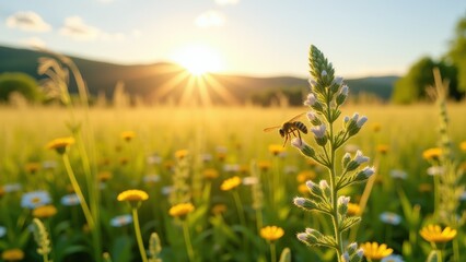 Fototapeta premium Pollen allergy symptoms, Meadow landscape wildflowers and grasses pollen particles sunny photorealistic.