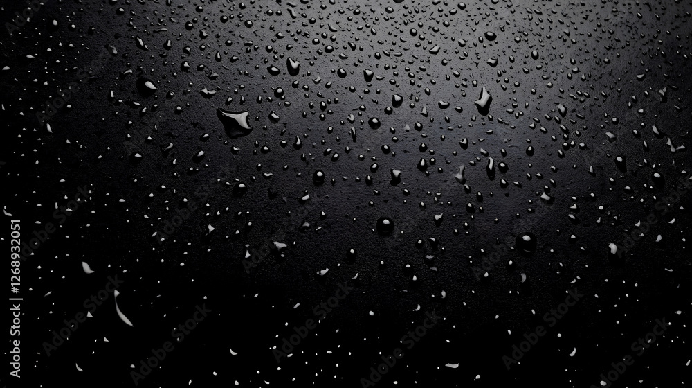 Aufkleber Detailed close up view of numerous small water droplets or rain drops on a shiny glossy black background  The drops create an abstract textural pattern with reflections and highlights