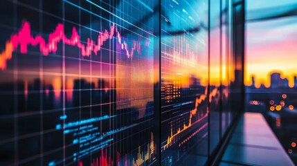 Colorful stock market charts reflect a vibrant sunset over a city skyline in this engaging financial setting