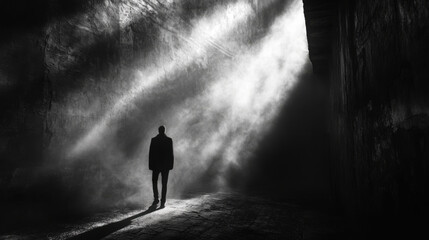 Mysterious figure walking through a dark corridor illuminated by dramatic light beams, evoking a sense of intrigue, solitude, and artistic expression in a monochrome setting.