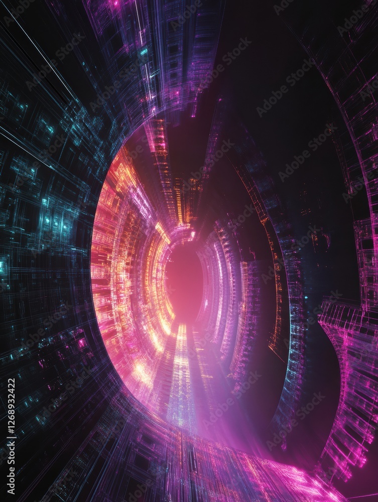 Poster vibrant abstract digital artwork depicting a swirling tunnel of light in a futuristic space. generat