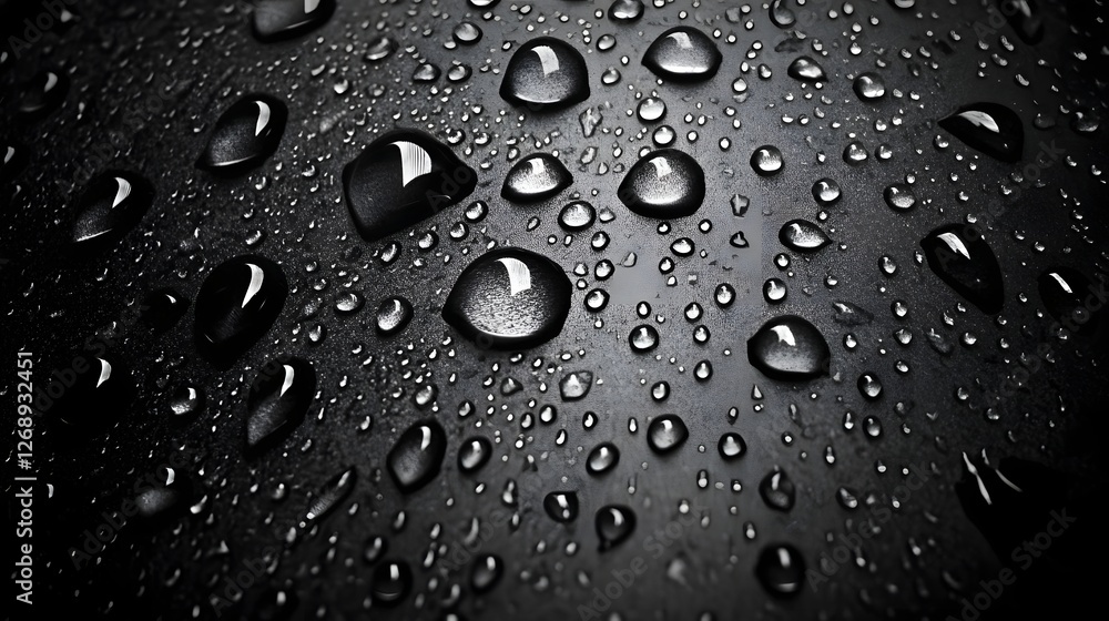 Fototapete Detailed close up view of numerous water droplets or raindrops gathered on a dark glossy and reflective surface creating an abstract and minimalist pattern with a sense of freshness and transparency