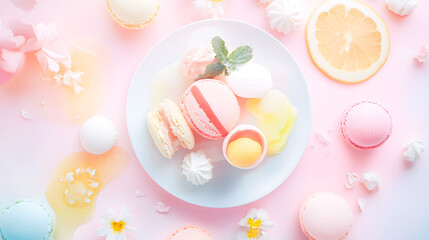Colorful Dessert Display with Macarons and Ice Cream on Plate