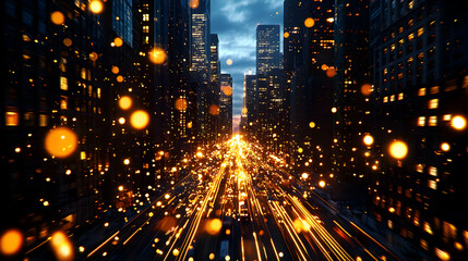 Fototapeta premium Abstract Urban Nightscape with Golden Bokeh Lights and City Buildings Silhouettes