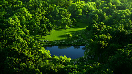Fototapeta premium Aerial View of a Forest Surrounding a Clear Lake With Sunlight in Summer