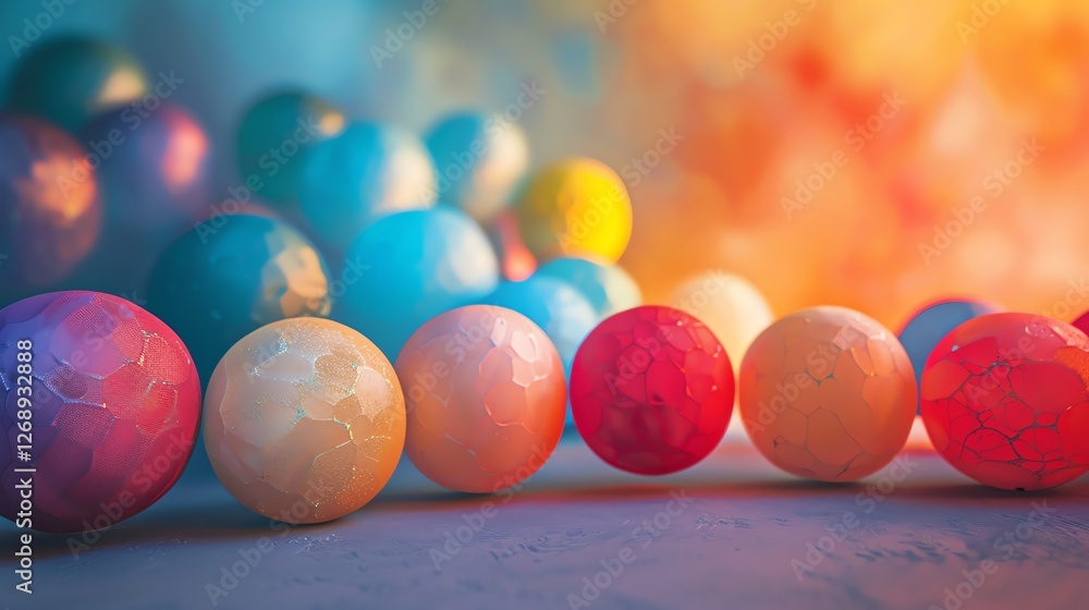 Poster 3d rendering of a colorful array of spheres. the spheres are made of a variety of materials, includi