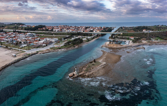Aerial view at Nea Potidea canal, which connects Toroneos Bay with the Gulf of Thermaikos. Greece, Kassandra, Halkidiki