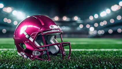 Fototapeta premium American Football Helmet on Green Field Under Stadium Lights