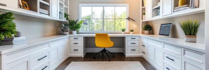 Bright Home Office With Built In White Cabinets And Yellow Chair