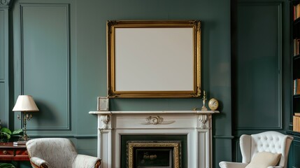 A vintage brass frame above a fireplace in a Victorian study.   HD 8K mockup wallpaper Photographic Image
