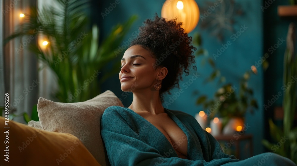 Poster a tranquil woman with curly hair enjoys a moment of relaxation on a comfortable couch, enveloped by 