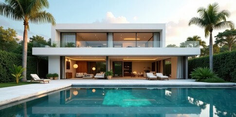 Obraz premium Modern villa, minimalist design, sleek lines, pool, glass, royalty free