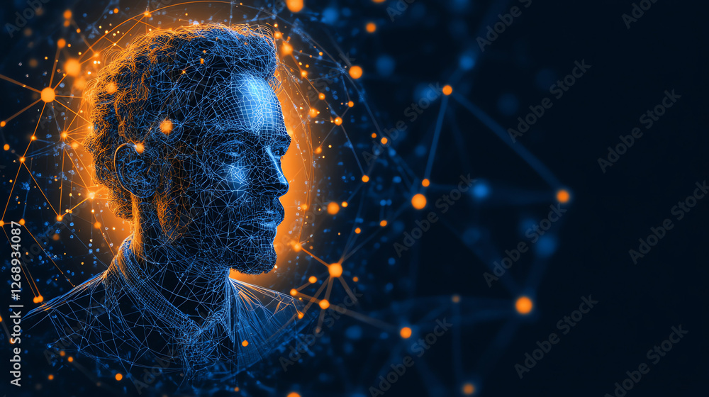 Poster abstract digital man network orange blue design web art node mesh data