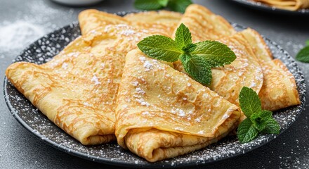 A close-up of a plate of golden folded crepes lightly dusted with powdered sugar garnished with fresh mint leaves