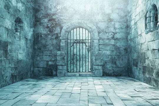 A stone jail cell with iron gate and foggy ambiance - Powered by Adobe