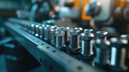 Close-up of metallic threaded fasteners arranged in a precise order on a metal surface, industrial setting.