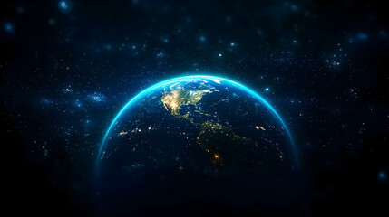 Fototapeta premium Blue Planet Earth With City Lights Against Starry Galaxy Space Background