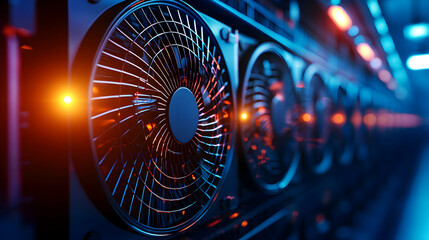 Blue Server Hardware Array with Cooling Fans in Dimly Lit Data Center