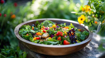 Fresh and Colorful Garden Salad in Wooden Bowl on a Sunny Day