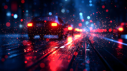 Fototapeta premium Blurred Urban Cityscape at Night with Car Lights and Reflections in Red and Blue Tone
