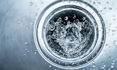 Water Swirling Down Stainless Steel Sink Drain in Close-Up