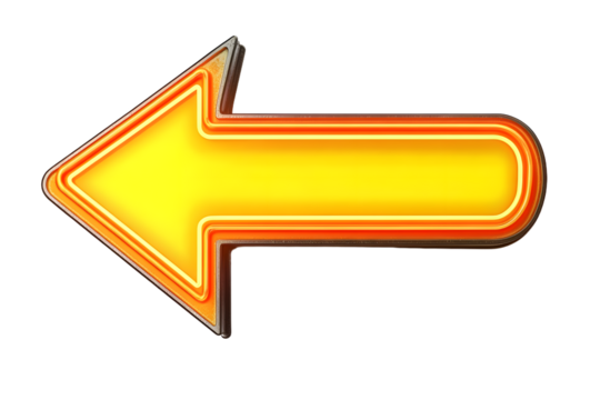 bright yellow arrow with neon outline is isolated on transparency background, creating striking and modern design