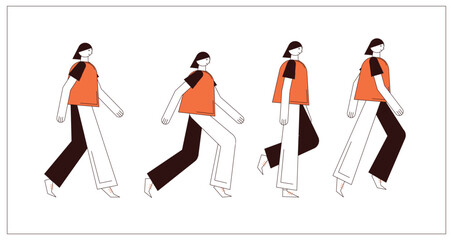 Flat style walking character for animation. Key poses for walking cycle animation side view. Separable body parts. Simple colorful minimalistic design for advertisement, business, corporate identity.