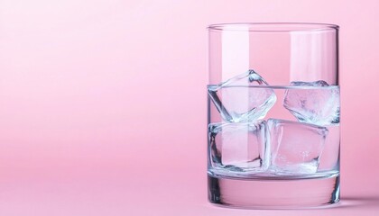 A clear glass filled with ice cubes and water, set against a soft pink background, perfect for refreshing beverage visuals.