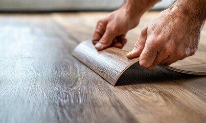 Hands Installing Flexible Vinyl Flooring with Wood Texture
