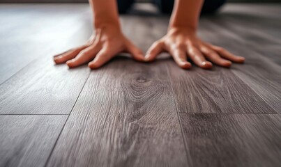 Hands Installing Flexible Vinyl Flooring with Wood Texture